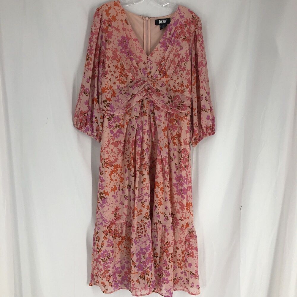 DKNY Dress Womens 12 Sheer Overlay Floral Midi Boho V Neck
